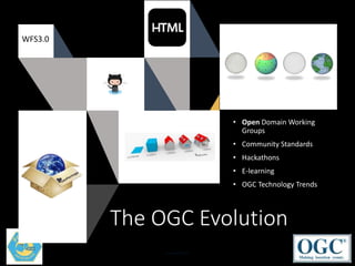 Copyright © 2018 OGC
The OGC Evolution
• Open Domain Working
Groups
• Community Standards
• Hackathons
• E-learning
• OGC Technology Trends
WFS3.0
 