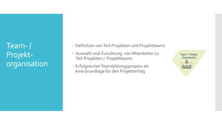 Team- /
Projekt-
organisation
 Definition vonTeil-Projekten und Projektteams
 Auswahl und Zuordnung von Mitarbeiter zu
Teil-Projekten / Projektteams
 ErfolgreicherTeambildungsprozess als
eine Grundlage für den Projekterfolg
 