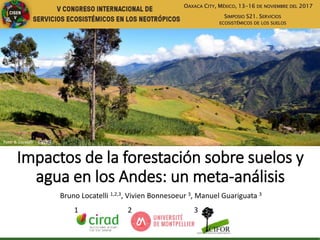 Impactos de la forestación sobre suelos y
agua en los Andes: un meta-análisis
Bruno Locatelli 1,2,3, Vivien Bonnesoeur 3, Manuel Guariguata 3
1 32
OAXACA CITY, MÉXICO, 13-16 DE NOVIEMBRE DEL 2017
SIMPOSIO S21. SERVICIOS
ECOSISTÉMICOS DE LOS SUELOS
Foto: B. Locatelli
 