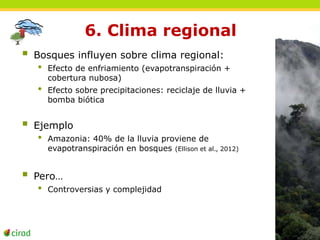 6. Clima regional 
 Bosques influyen sobre clima regional: 
• Efecto de enfriamiento (evapotranspiración + 
cobertura nubosa) 
• Efecto sobre precipitaciones: reciclaje de lluvia + 
bomba biótica 
 Ejemplo 
• Amazonia: 40% de la lluvia proviene de 
evapotranspiración en bosques (Ellison et al., 2012) 
 Pero… 
• Controversias y complejidad 
 