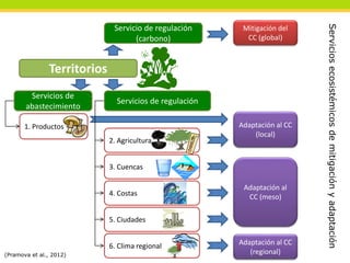 Territorios 
Servicio de regulación 
(carbono) 
Mitigación del 
CC (global) 
Servicios de 
abastecimiento 
1. Productos 
Servicios de regulación 
2. Agricultura 
3. Cuencas 
4. Costas 
5. Ciudades 
6. Clima regional 
Adaptación al CC 
(local) 
Adaptación al 
CC (meso) 
Adaptación al CC 
(regional) (Pramova et al., 2012) 
Servicios ecosistémicos de mitigación y adaptación 
 