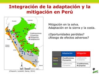 Integración de la adaptación y la 
mitigación en Perú 
Publicaciones 
Proyectos 
Mitigación 
Adaptación 
(Chazarin, Locatelli, Garay, 2014) 
Mitigación en la selva. 
Adaptación en la sierra y la costa. 
¿Oportunidades perdidas? 
¿Riesgo de efectos adversos? 
Adaptación Mitigación 
Costa 
Sierra 
19 publicaciones, 
35 proyectos 
1 publicaciones, 
11 proyectos 
Selva 1 publicaciones, 
12 proyectos 
17 publicaciones, 
49 proyectos 
 