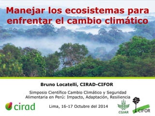 Manejar los ecosistemas para 
enfrentar el cambio climático 
Bruno Locatelli, CIRAD-CIFOR 
Simposio Científico Cambio Climático y Seguridad 
Alimentaria en Perú: Impacto, Adaptación, Resiliencia 
THINKING beyond the canopy 
Lima, 16-17 Octubre del 2014 
 