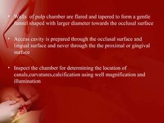• Walls of pulp chamber are flared and tapered to form a gentle
funnel shaped with larger diameter towards the occlusal surface
• Access cavity is prepared through the occlusal surface and
lingual surface and never through the the proximal or gingival
surface
• Inspect the chamber for determining the location of
canals,curvatures,calcification using well magnification and
illumination
 