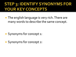 STEP 3: IDENTIFY SYNONYMS FOR YOUR KEY CONCEPTSThe english language is very rich. There are many words to describe the same concept.Synonyms for concept 1:Synonyms for concept 2:
