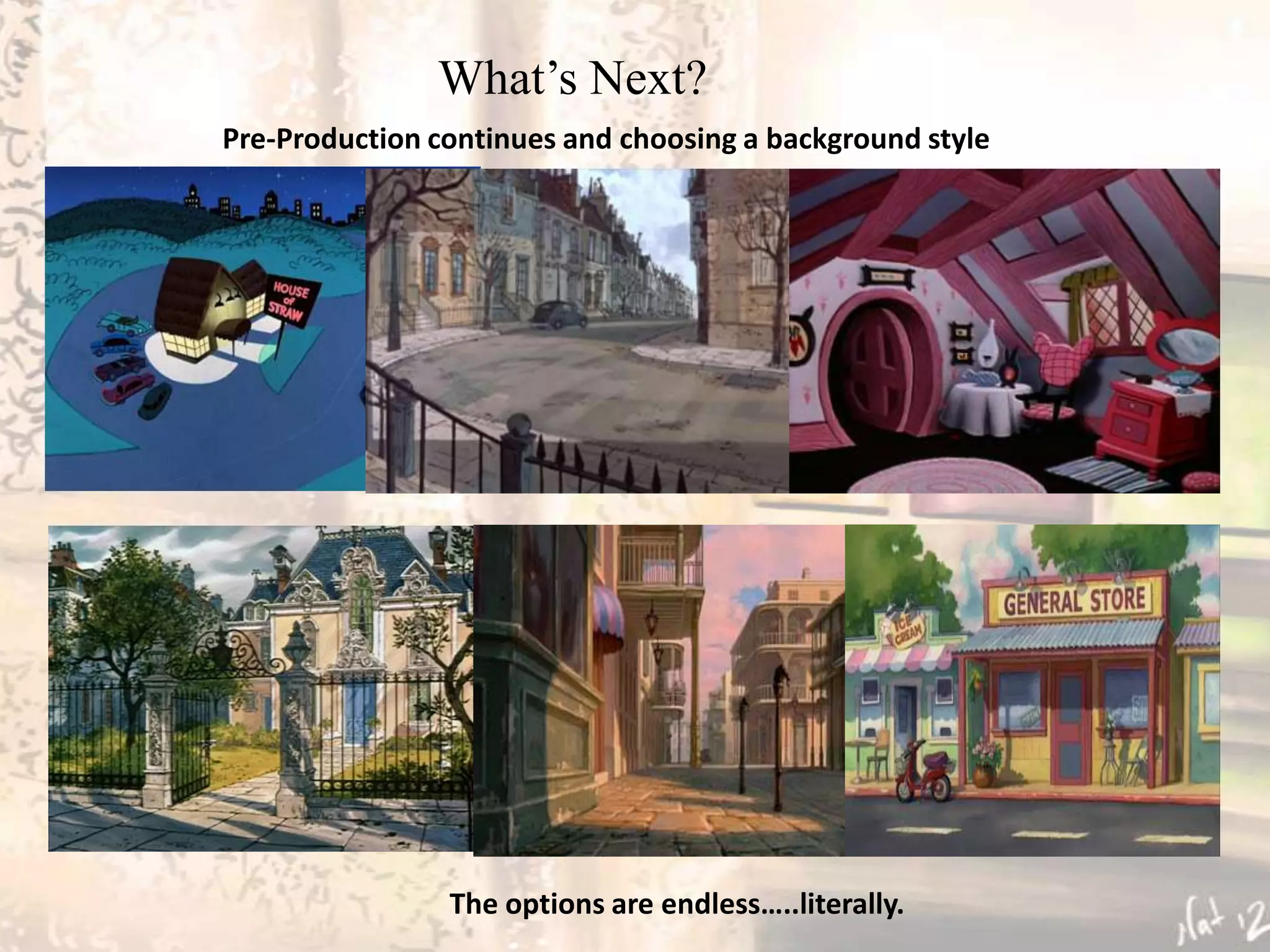 What’s Next?
Pre-Production continues and choosing a background style




                The options are endless…..literally.
 