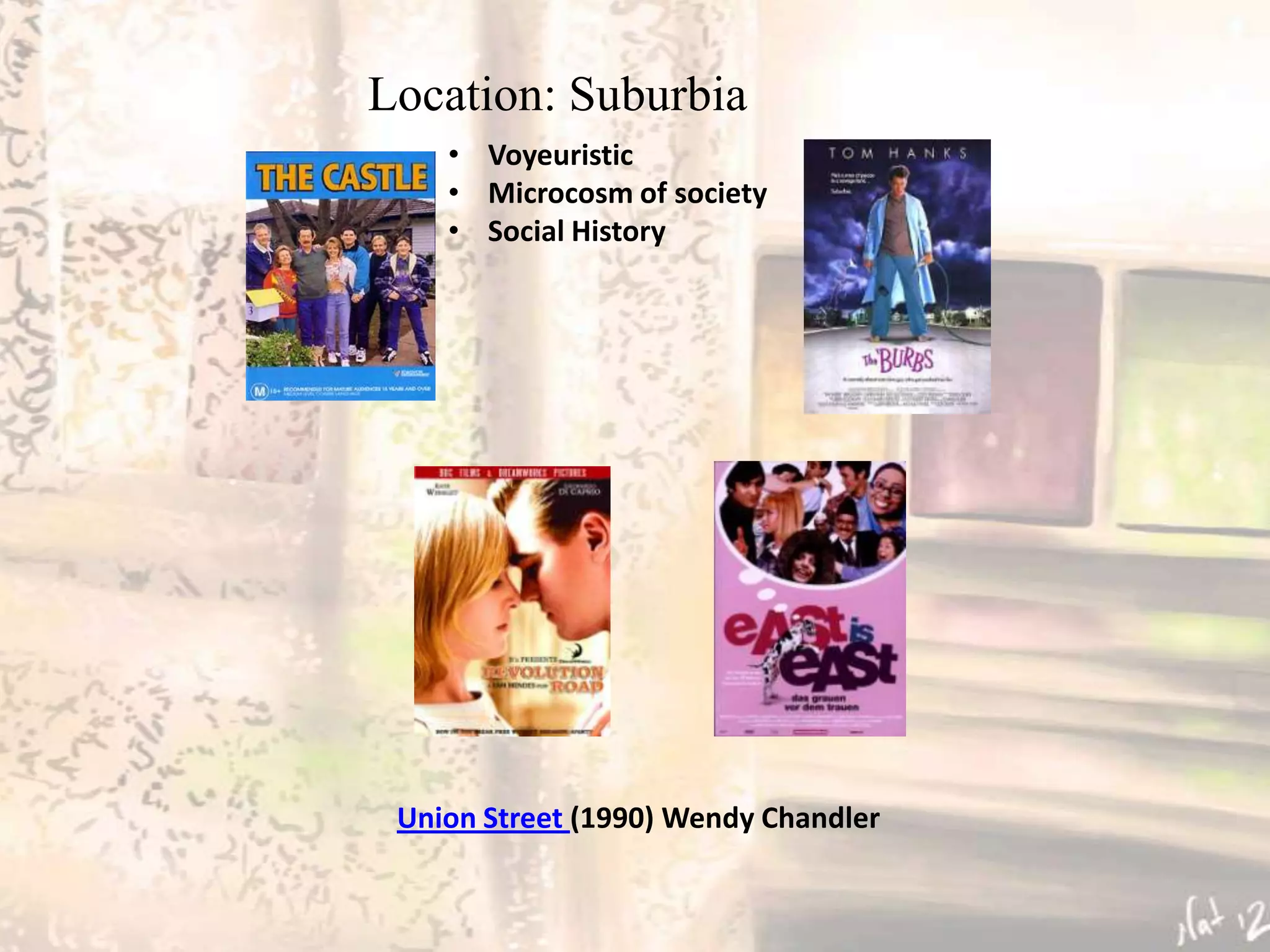 Location: Suburbia
    • Voyeuristic
    • Microcosm of society
    • Social History




 Union Street (1990) Wendy Chandler
 