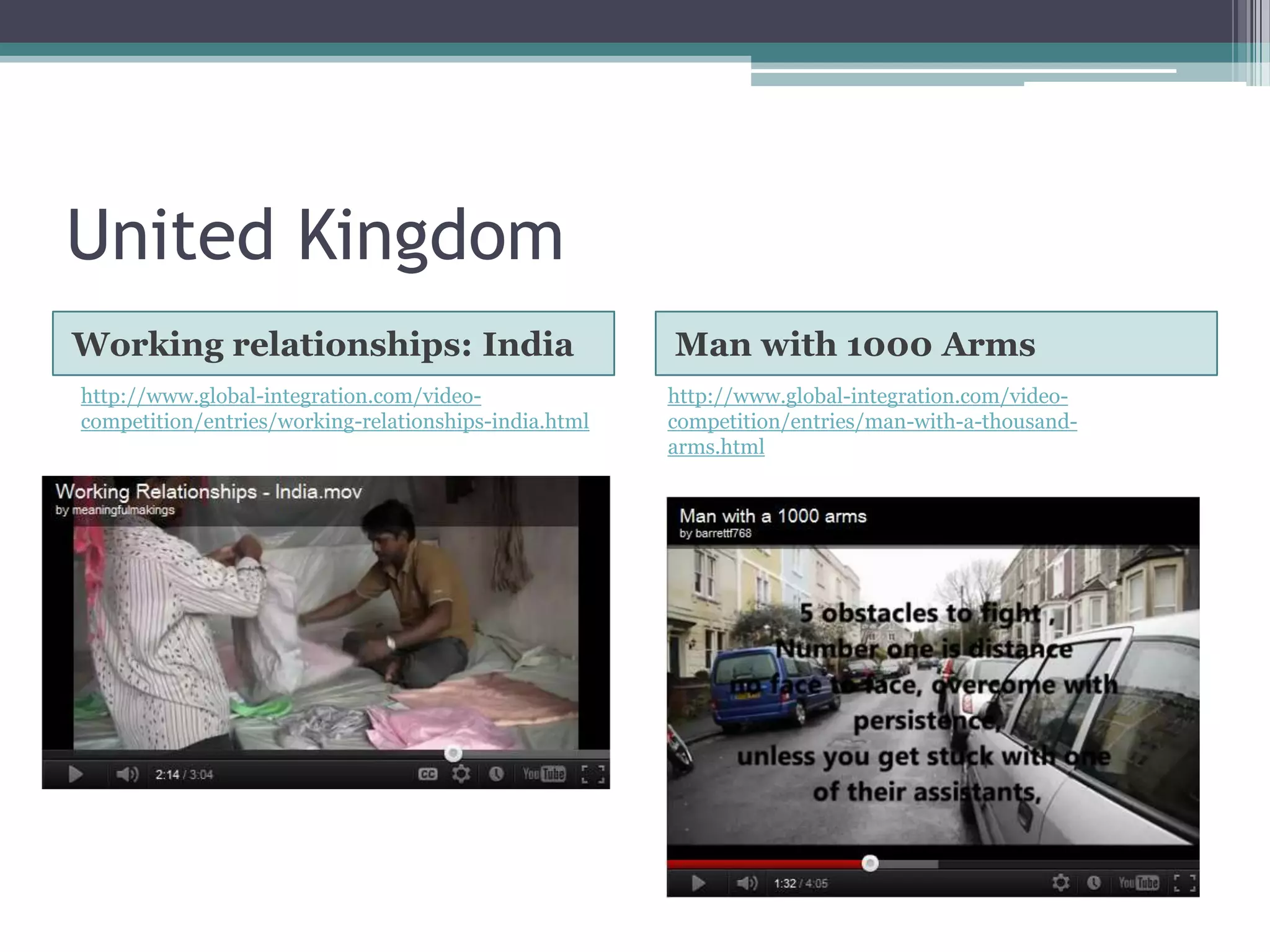 United Kingdom
Working relationships: India                           Man with 1000 Arms
http://www.global-integration.com/video-               http://www.global-integration.com/video-
competition/entries/working-relationships-india.html   competition/entries/man-with-a-thousand-
                                                       arms.html
 