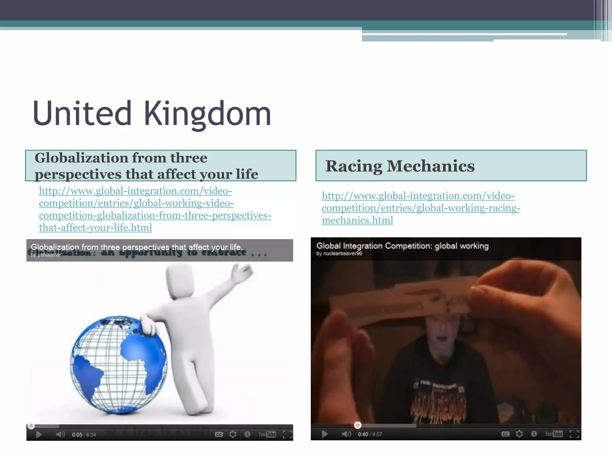 United Kingdom
Globalization from three
perspectives that affect your life
                                                     Racing Mechanics
http://www.global-integration.com/video-             http://www.global-integration.com/video-
competition/entries/global-working-video-            competition/entries/global-working-racing-
competition-globalization-from-three-perspectives-   mechanics.html
that-affect-your-life.html
 