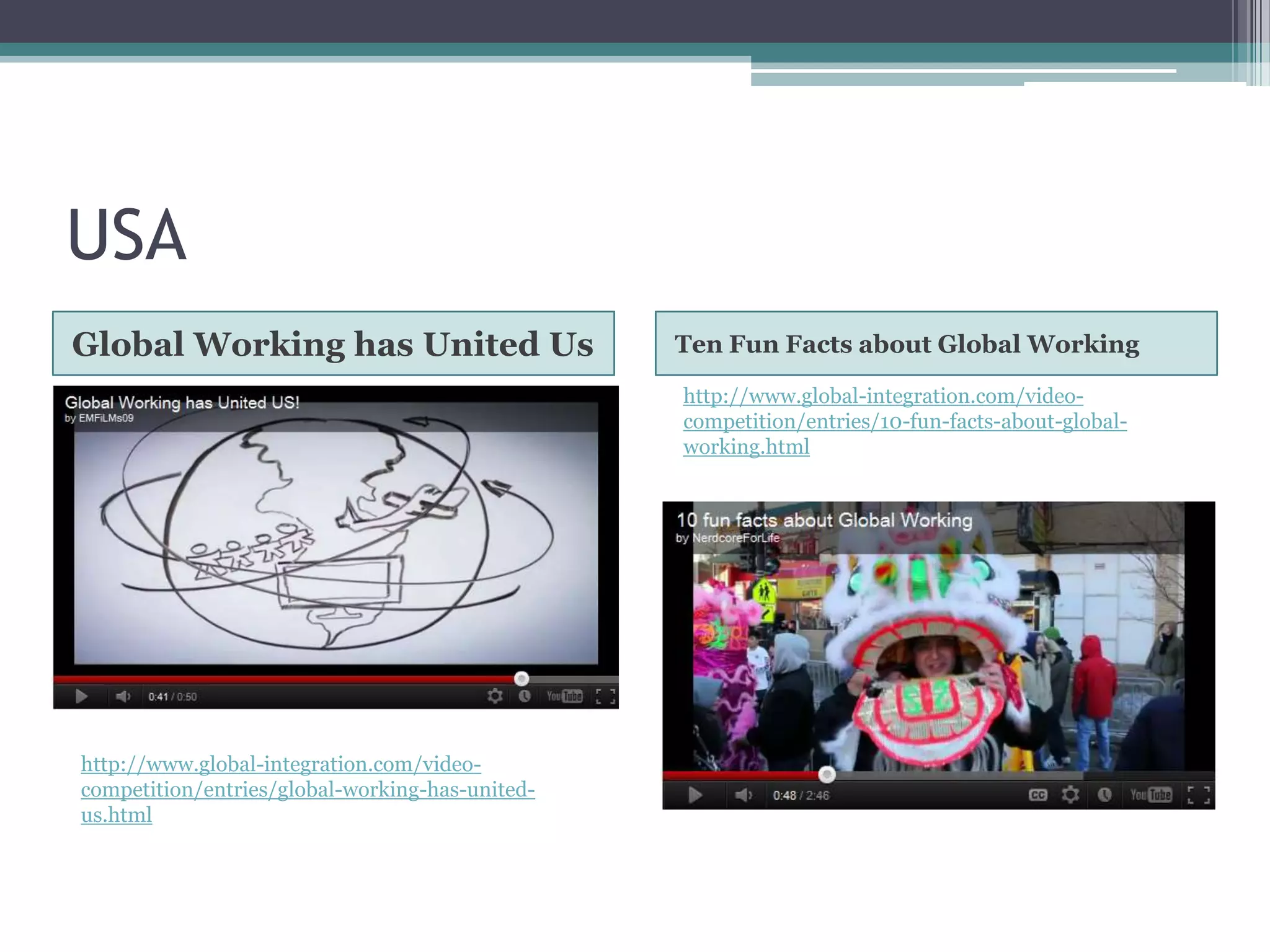 USA
Global Working has United Us                     Ten Fun Facts about Global Working

                                                 http://www.global-integration.com/video-
                                                 competition/entries/10-fun-facts-about-global-
                                                 working.html




http://www.global-integration.com/video-
competition/entries/global-working-has-united-
us.html
 
