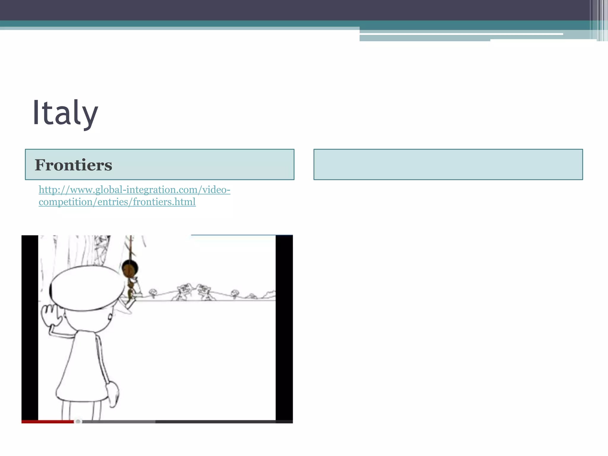 Italy
Frontiers
http://www.global-integration.com/video-
competition/entries/frontiers.html
 