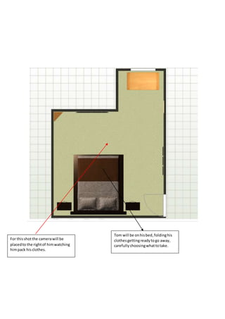 Tom will be onhisbed,foldinghis
clothesgettingreadytogo away,
carefullychoosingwhattotake.
For thisshotthe camerawill be
placedto the rightof himwatching
himpack hisclothes.