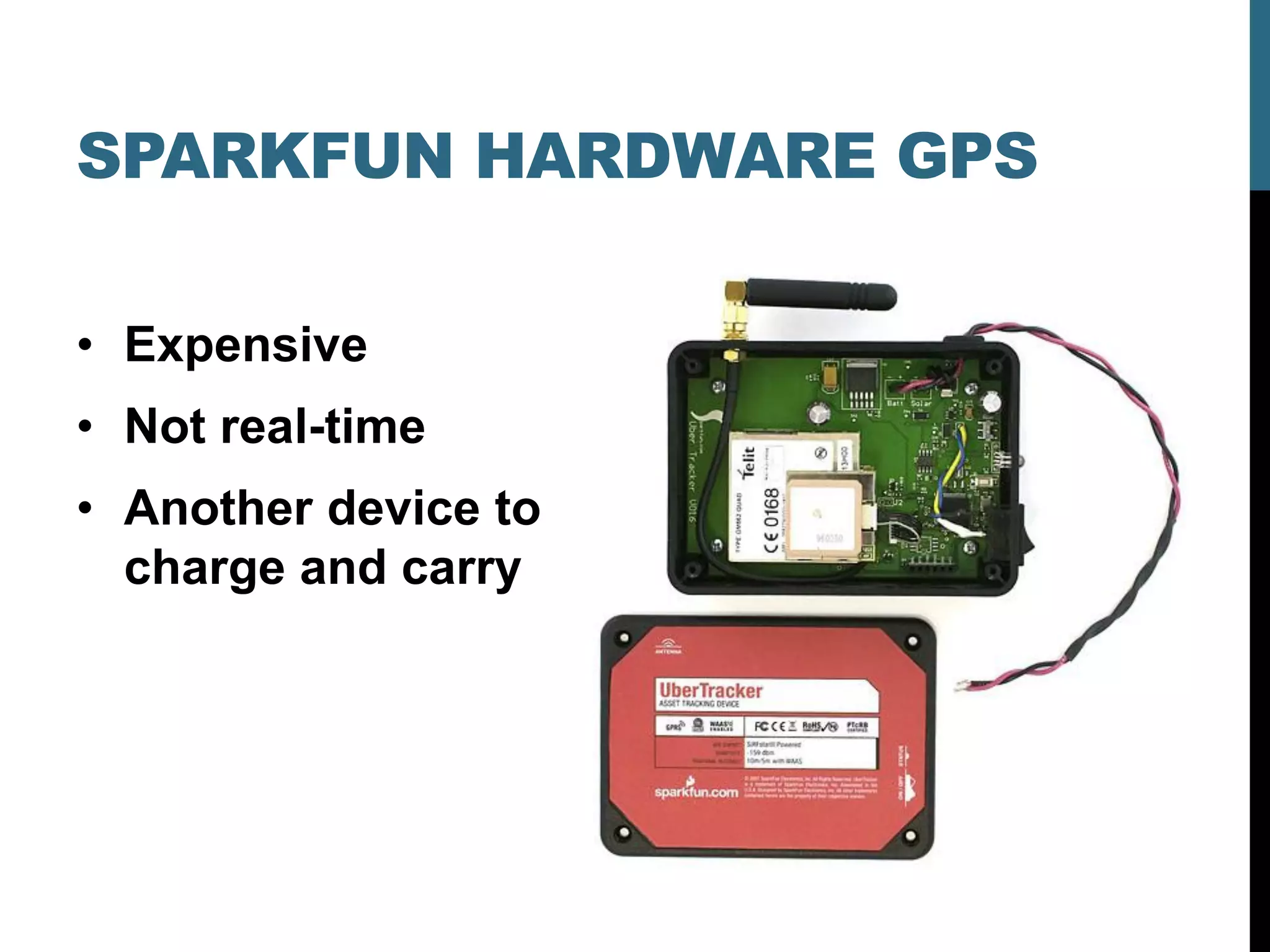 SPARKFUN HARDWARE GPS

• Expensive
• Not real-time
• Another device to
  charge and carry
 