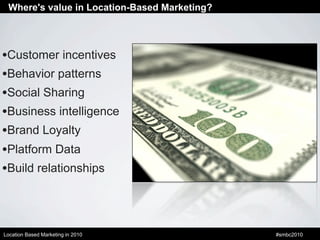 Where's value in Location-Based Marketing?




•Customer incentives
•Behavior patterns
•Social Sharing
•Business intellige...