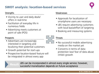 SWOT analysis: location-based services
Strengths

Weaknesses

 Vicinity to user and daily deals/
offers in real-time
 Facilitation of everyday life in
numerous fields
 Advertising meets customers at
point of sale (POS)
Prospects

Threats

 Advertisers are increasingly
interested in targeting and
localizing their potential customers
 Growth potential for start-ups
 Prospective location-based feature will
be integrated in almost every app

Result

 Approvals for localization of
smartphone users are necessary
 LBS require advertising customers
with local basis/effort of targeting
 Booking and measuring systems

 No successful mobile advertising
media on the market yet
 Concerns in terms of data
protection law/ fear of data abuse
inhibit growth

LBS can be incorporated in almost every single service; however,
successful monetization depends on future acceptance

Vertraulich/Confidential, © Goldmedia

19

 