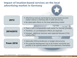 Impact of location-based services on the local
advertising market in Germany

 Advertising revenues generated by location-based services/
market volume in Germany (85 m EUR) still too low
 No observable effects on the local advertising market

2013

2014/2015

 There is still a comparatively small market for German providers
 Therefore, no cannibalization effects are expected
 However, additional revenues were expected because of the
novelty effect

From 2016

 Optionally shifting tendencies or budget restructuring
 This potential development has to be further monitored and
possibly to be operationalized for local advertisers themselves

Source: Goldmedia, 02/2013

Picture: © Seyyahil_Fotolia.com

Vertraulich/Confidential, © Goldmedia

20

 