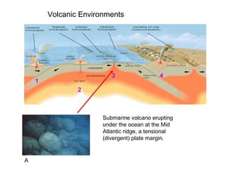 A 1 2 3 4 Volcanic Environments Submarine volcano erupting under the ocean at the Mid Atlantic ridge, a tensional (divergent) plate margin. 