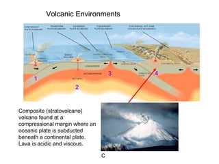 C 1 2 3 4 Volcanic Environments Composite (stratovolcano) volcano found at a compressional margin where an oceanic plate is subducted beneath a continental plate. Lava is acidic and viscous. 