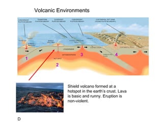 D 1 2 3 4 Volcanic Environments Shield volcano formed at a hotspot in the earth’s crust. Lava is basic and runny. Eruption is non-violent. 