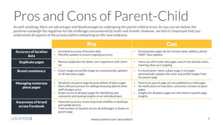 LOCATION3 
Pro 
Con 
Accuracy of location data 
•Increased accuracy of location data 
•Monthly updates to ensure ongoing accuracy 
•Existing place pages do not receive name, address, phone (NAP) data updates 
Duplicate pages 
•Remove duplicates for better user experience with check- ins 
•Users can still create new pages, even if one already exists, meaning clean up is ongoing 
Brand consistency 
•Cover image and profile image are automatically updated on all new place pages 
•If a local owner claims a place page, it no longer automatically updates the cover and profile images from the parent page 
Managing numerous place pages 
•All admins of parent page become admins of place pages 
•More efficient process for adding/removing admins when staff changes occur 
•Easier access to all place pages for identifying new comments and viewing insights on an individual basis 
•Posts from parent page are not published on child pages 
•No notifications of new likes, comments, reviews on place pages 
•Insights for all places pages are not shown in parent page insights 
Awareness of brand across Facebook 
•Improved accuracy means improved visibility on desktops and mobile devices 
•Total number of checkins across all child pages is shown on parent page 
Pros and Cons of Parent-Child 
As with anything, there are advantages and disadvantages to undergoing the parent-child process. As you can see below, the positives outweigh the negatives for the challenges encountered by multi-unit brands. However, we feel it’s important that you understand all aspects of the process before embarking on this new endeavor. 
www.Location3.com | @Location3 
7  