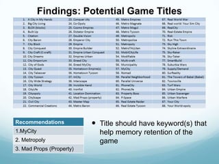 Findings: Potential Game Titles




Recommendations            Title should have keyword(s) that
1.MyCity                ...