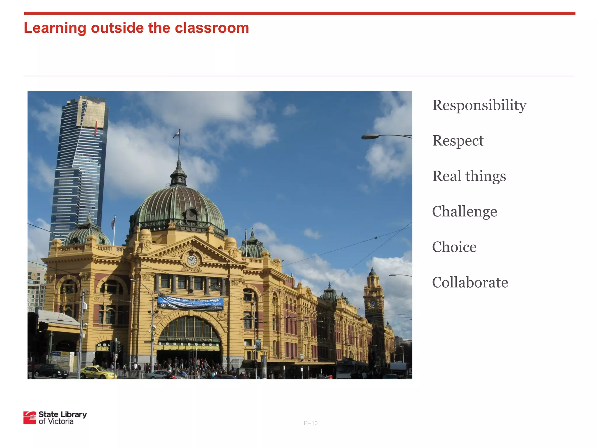 Learning outside the classroom

Responsibility
Respect
Real things
Challenge
Choice
Collaborate

P–10

 