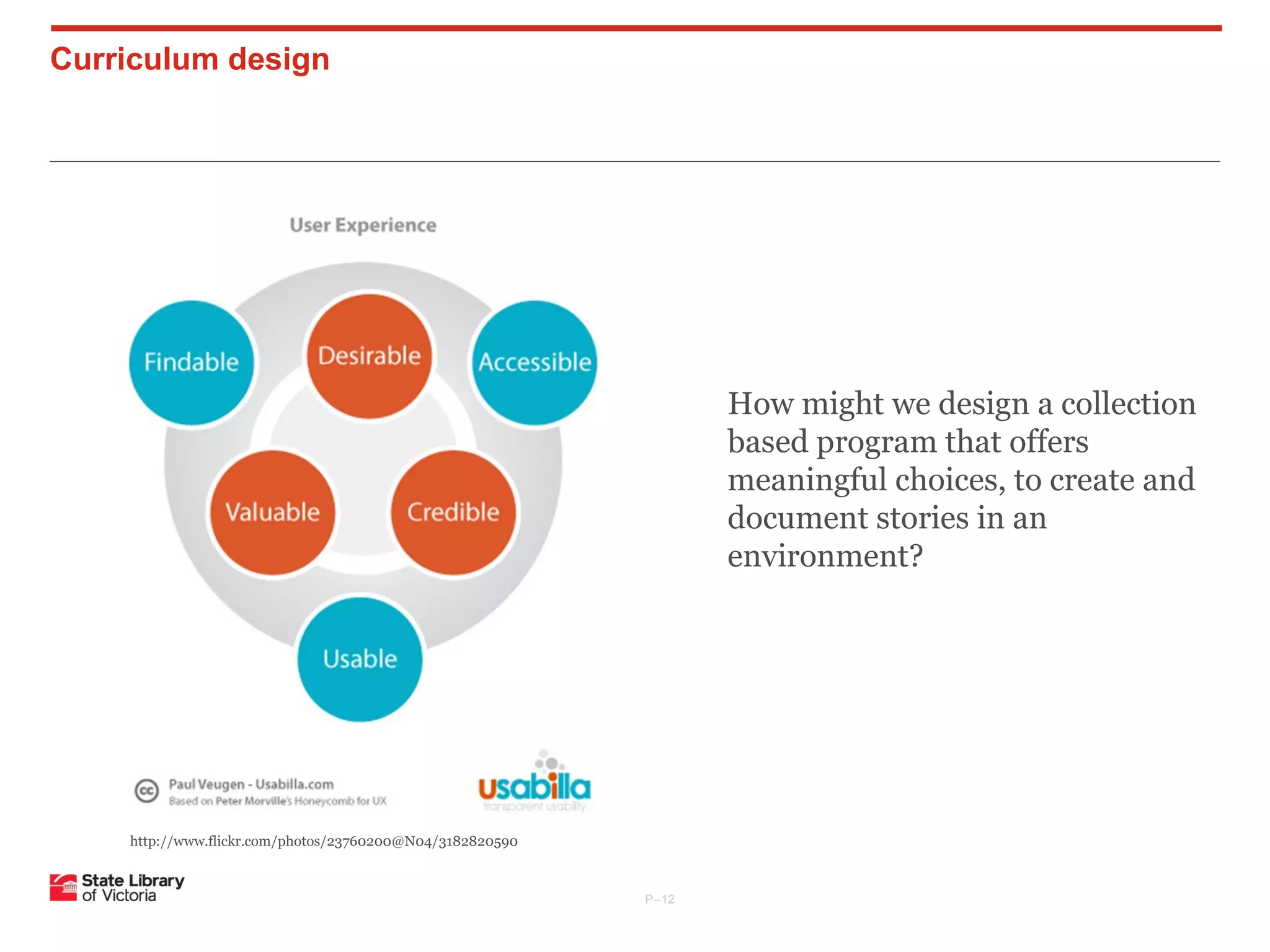 Curriculum design

How might we design a collection
based program that offers
meaningful choices, to create and
document stories in an
environment?

http://www.flickr.com/photos/23760200@N04/3182820590

P–12

 