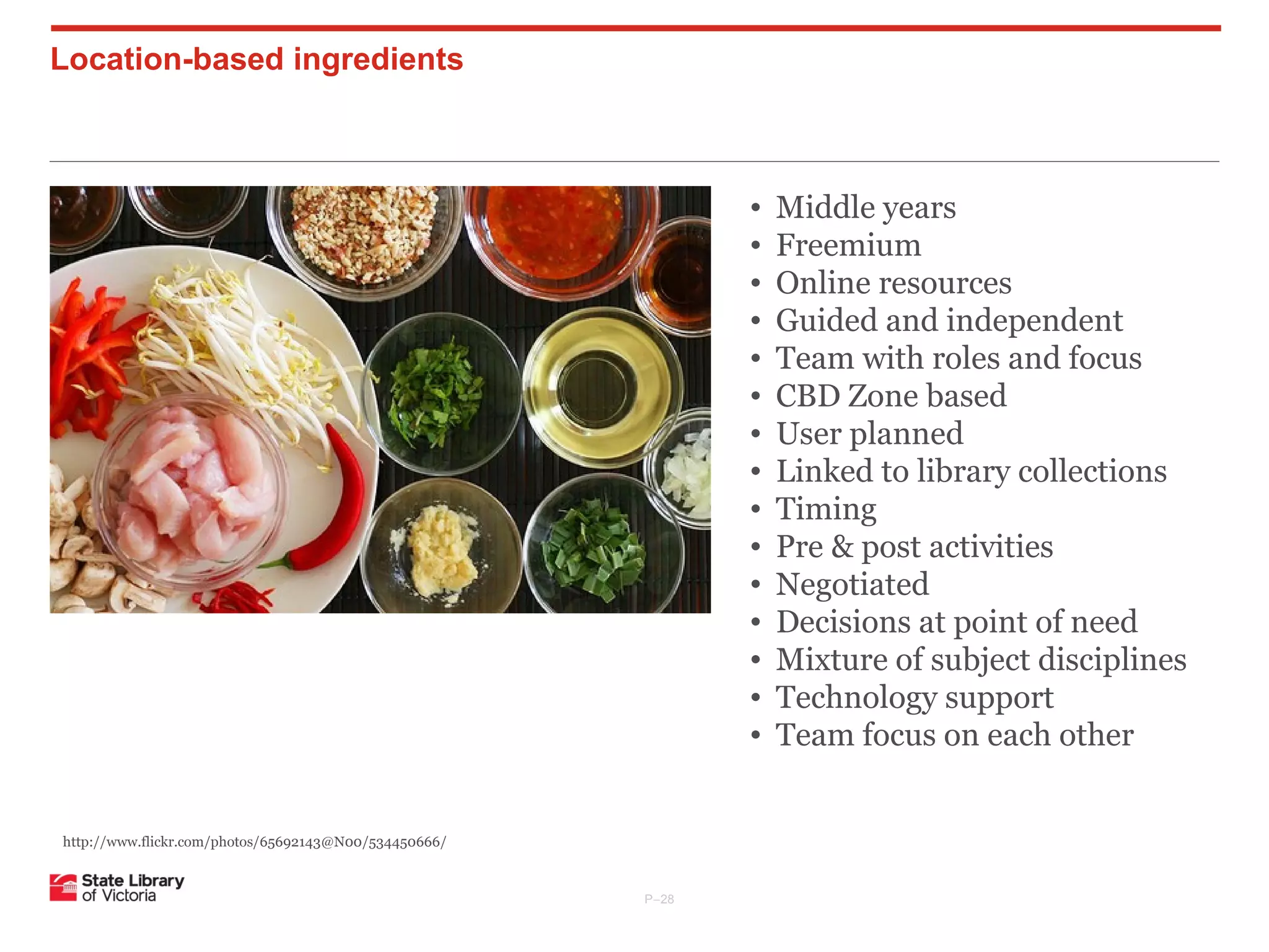 Location-based ingredients

•
•
•
•
•
•
•
•
•
•
•
•
•
•
•

http://www.flickr.com/photos/65692143@N00/534450666/

P–28

Middle years
Freemium
Online resources
Guided and independent
Team with roles and focus
CBD Zone based
User planned
Linked to library collections
Timing
Pre & post activities
Negotiated
Decisions at point of need
Mixture of subject disciplines
Technology support
Team focus on each other

 