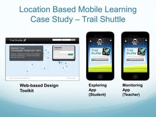 Location Based Mobile Learning
  Case Study – Trail Shuttle




Web-based Design   Exploring   Monitoring
Toolkit            App         App
                   (Student)   (Teacher)
 