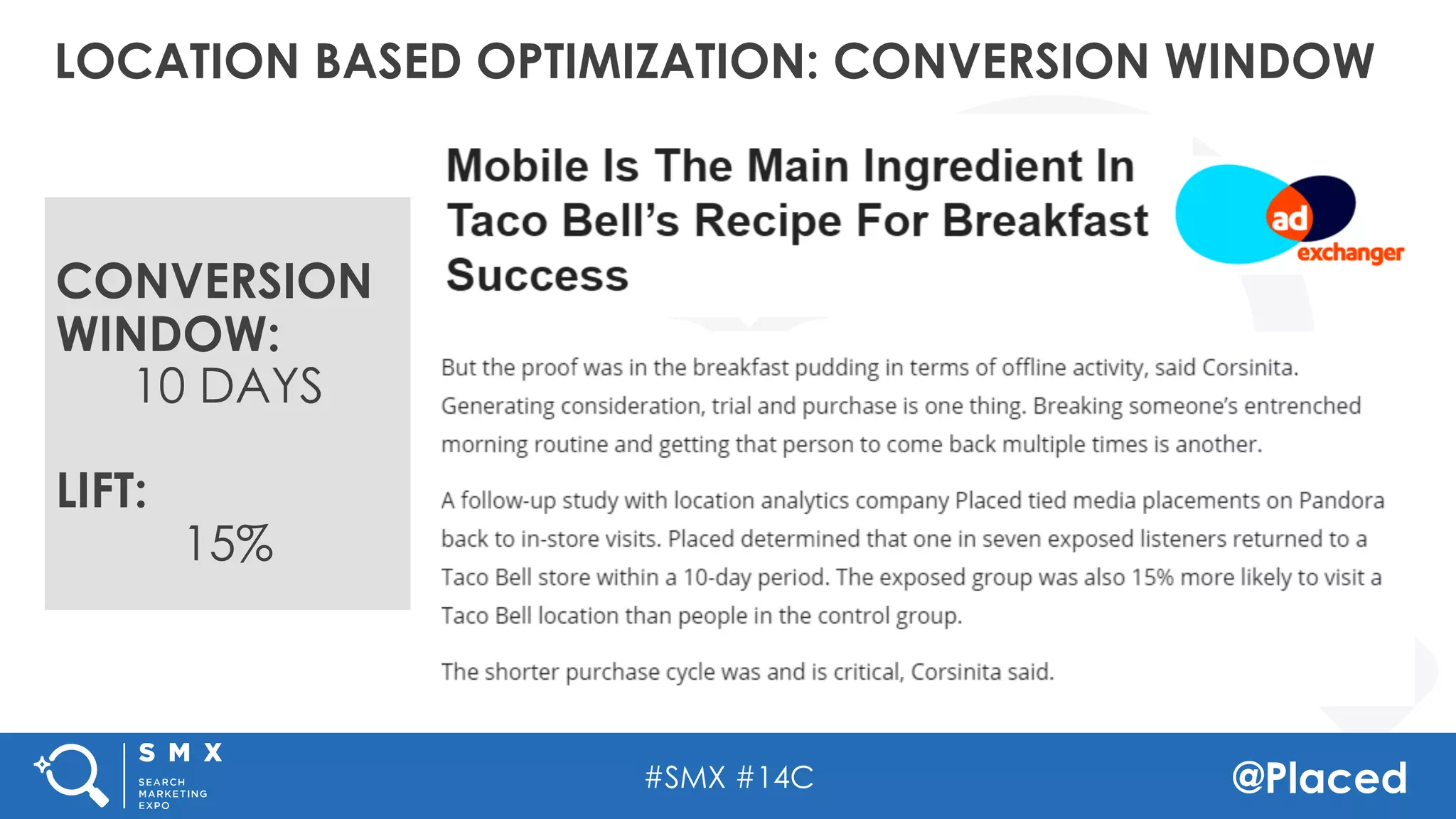 #SMX #14C @Placed
LOCATION BASED OPTIMIZATION: CONVERSION WINDOW
CONVERSION
WINDOW:
10 DAYS
LIFT:
15%
 