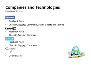 Companies and Technologies
Product and Services

•
•

Facebook Place
Check in, Tagging, Comments, Status Update and Posting

•
•

Facebook Place
Check in, Tagging, Comments

•
•

Facebook Place
Check in, Tagging, Comments

•
•

LBS
Google Maps

 