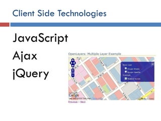 Client Side Technologies

JavaScript
Ajax
jQuery
 