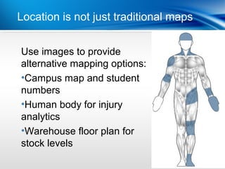 Location is| not just BI for consumers
             Mobile traditional maps


Use images to provide
alternative mapping options:
•Campus map and student
numbers
•Human body for injury
analytics
•Warehouse floor plan for
stock levels
 