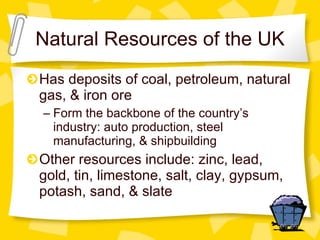 Natural Resources of the UK Has deposits of coal, petroleum, natural gas, & iron ore Form the backbone of the country’s industry: auto production, steel manufacturing, & shipbuilding Other resources include: zinc, lead, gold, tin, limestone, salt, clay, gypsum, potash, sand, & slate 