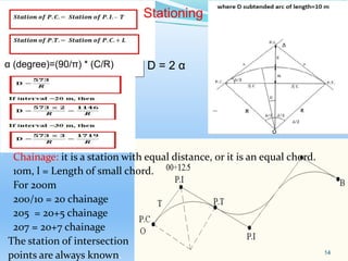 α (degree)=(90/π) * (C/R)
Chainage: it is a station with equal distance, or it is an equal chord.
10m, l = Length of small chord.
For 200m
200/10 = 20 chainage
205 = 20+5 chainage
207 = 20+7 chainage
The station of intersection
points are always known. 14
D = 2 α
 