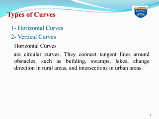 Types of Curves
1- Horizontal Curves
2- Vertical Curves
Horizontal Curves
are circular curves. They connect tangent lines around
obstacles, such as building, swamps, lakes, change
direction in rural areas, and intersections in urban areas.
3
 