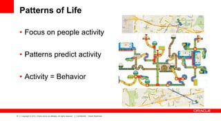 Patterns of Life
• Focus on people activity

• Patterns predict activity
• Activity = Behavior

12

Copyright © 2012, Oracle and/or its affiliates. All rights reserved.

Confidential – Oracle Restricted

 