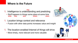 Where is the Future
why

1. Intelligence is understanding and predicting
• Stuff happens to things some place at some time
what

how

who

where

when

1. Location brings context and relevance
• Fusion with other data points increases value and insight

1. The location-enabled Internet of things will drive
• More timely, more relevant and more valuable

 