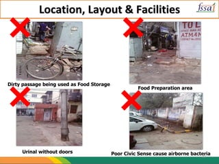 Location, Layout & Facilities
Dirty passage being used as Food Storage
Urinal without doors
Food Preparation area
Poor Civic Sense cause airborne bacteria
22
 