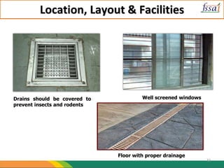Location, Layout & Facilities
Drains should be covered to
prevent insects and rodents
Well screened windows
Floor with proper drainage
32
 