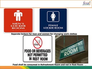 Separate lockers for men and women for changing work clothes
Food shall be consumed in Refreshment Room and not in Rest Room
62
 