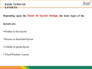 9
BASIC TYPES OF
LAYOUTS
Depending upon the focus of layout design, the basic types of the
layouts are:
•Product or line layout
•Process or functional layout
•Cellular or group layout
•‘Fixed Position’ Layout
 