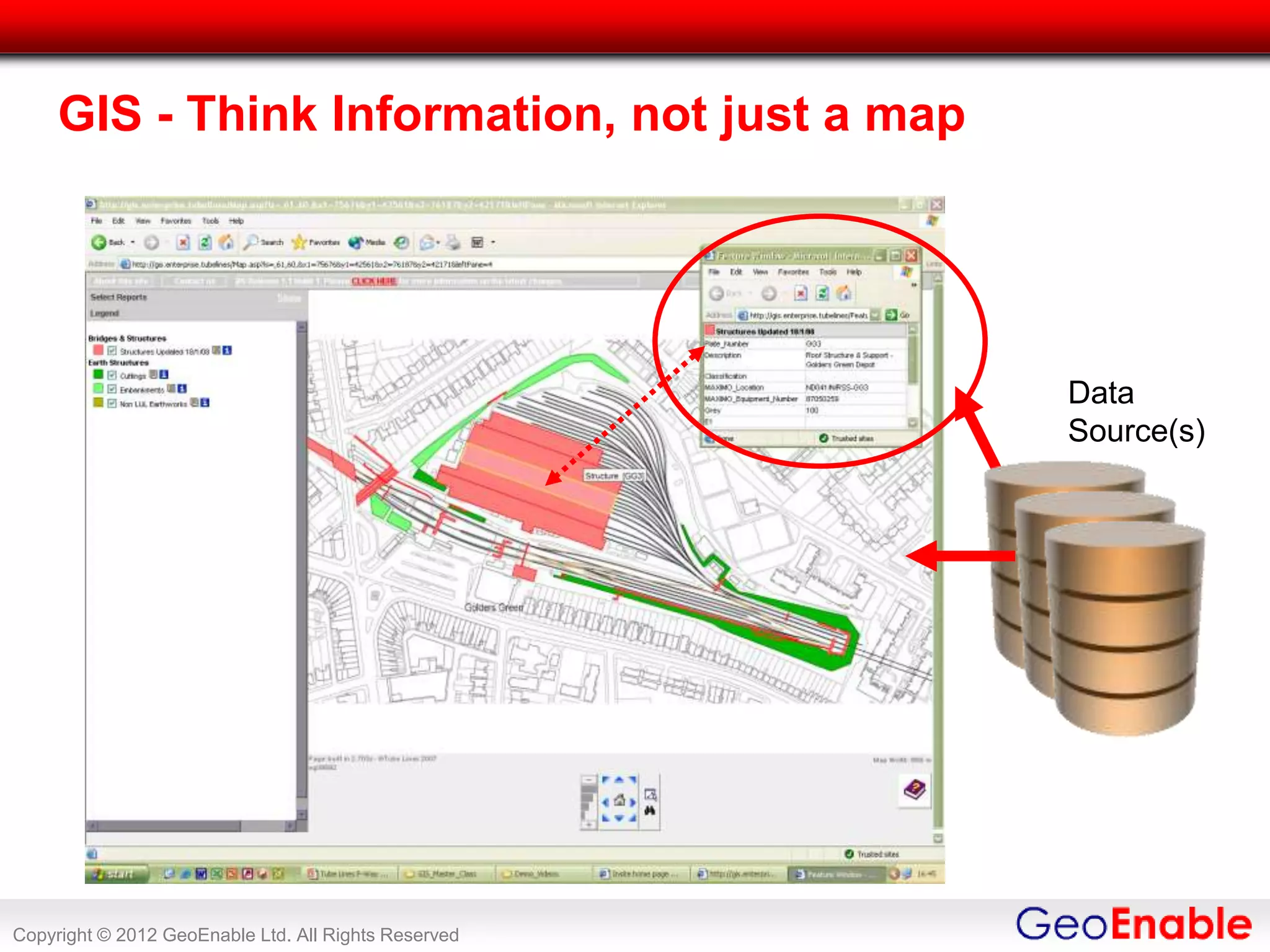 GIS - Think Information, not just a map




                                                      Data
                                                      Source(s)




Copyright © 2012 GeoEnable Ltd. All Rights Reserved
 
