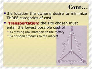 the location the owner’s desire to minimize
THREE categories of cost:
 Transportation:Transportation: the site chosen must
entail the lowest possible cost of
 A) moving raw materials to the factory
 B) finished products to the market
 