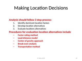 © Wiley 2010 24
Making Location Decisions
Analysis should follow 3 step process:
1. Identify dominant location factors
2. Develop location alternatives
3. Evaluate locations alternatives
Procedures for evaluation location alternatives include
– Factor rating method
– Load-distance model
– Center of gravity approach
– Break-even analysis
– Transportation method
 