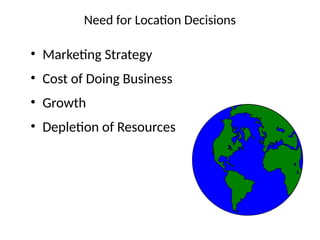 Need for Location Decisions
• Marketing Strategy
• Cost of Doing Business
• Growth
• Depletion of Resources
 