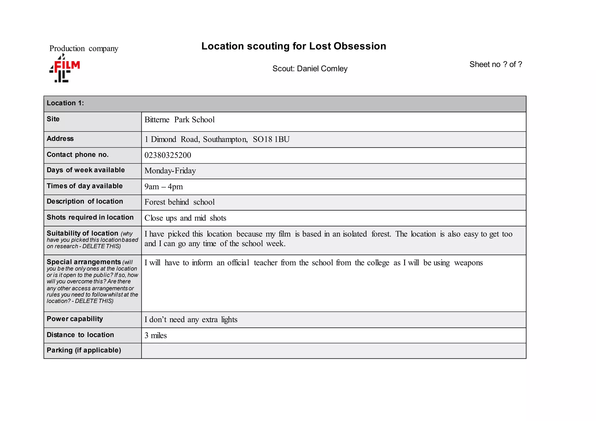 Location recce template | DOCX