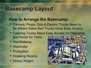 Basecamp Layout
• How to Arrange the Basecamp:
 Camera, Props, Grip & Electric Trucks Need to
Be Where Stake Bed Trucks H...