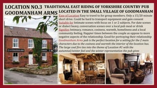 LOCATION NO.3
GOODMANHAM ARMS
TRADITIONAL EAST RIDING OF YORKSHIRE COUNTRY PUB
LOCATED IN THE SMALL VILLAGE OF GOODMANHAM
Ease of Location Easy to travel to for group members. Only a 15/20 minute
short drive. Could be hard to transport equipment and gain consent
Suitable for Intimate scenes with focus on 1 or 2 subjects. For date scenes
or dialect heavy, conversation scenes over a local pub meal or drink
Signifies Intimacy, romance, cosiness, warmth, homeliness and a local
community feeling. Happier times between the couple as oppose to more
negative aspects of the relationship. Good for portraying their relationship
Goodmanham Arms pub is the perfect location for a setting for the 2 main
characters due to the cosiness and warmth the interior of the location has.
The large coal fire ties into the theme of Location #1 with the
autumnal/winter feel and the winter representation the pub gives
 