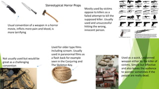 Stereotypical Horror Props

Usual convention of a weapon in a horror
movie, inflicts more pain and blood, is
more terrifying

Not usually used but would be
great as a challenging
convention

Mostly used by victims
oppose to killers as a
failed attempt to kill the
supposed killer. Usually
used and unsuccessful
hitting the wrong,
innocent person.

Used for older type films
including scream. Usually
used in paranormal films as
a flash back for example
seen in the Conjuring and
The Skeleton Key.

Used as a quick, unplanned
weapon either by the killer of
victims. Simple but effective
and also leaves the audience
to wonder sometimes if the
people are really dead.

 